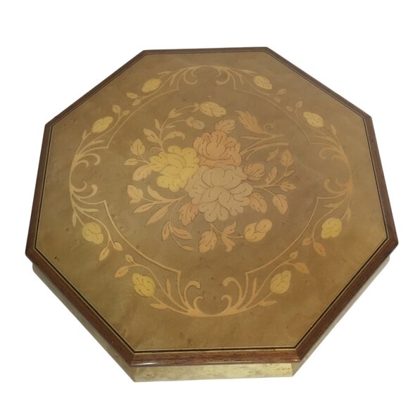 Vintage Reuge Swiss Music Jewelry Box Octagonal Design Floral Inlay & Velvet - Picture 3 of 15